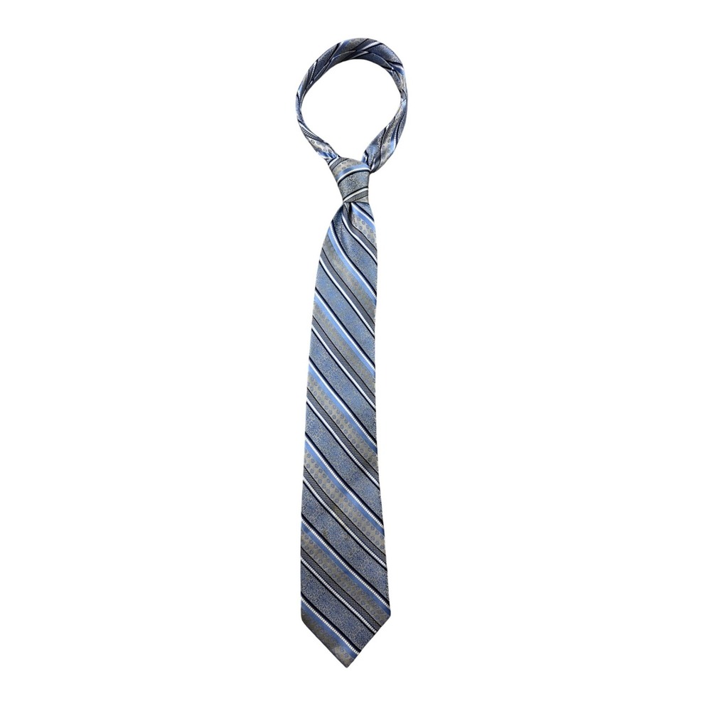 Vintage Bruno Piattelli Roma Tie Men Blue Grey Striped 100% Silk Floral Office